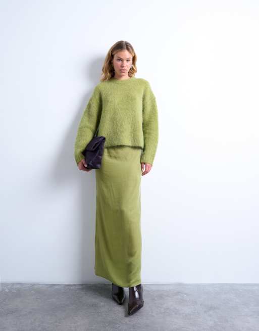 Topshop – Hochwertiger, kastiger Strickpullover aus Alpaka-Wolle in Grün mit Rundhalsausschnitt, 2 von 4
