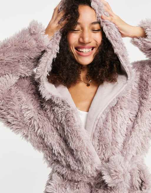 Topshop – Hochwertiger Morgenmantel mit Kapuze in Mauve