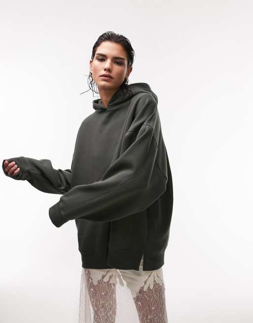 Topshop – Hochwertiger Oversize-Kapuzenpullover in Khaki
