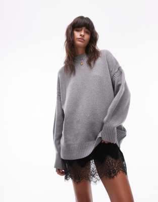 Topshop - Hochwertiger Oversize-Pullover in Grau mit breiten Bündchen und kontrastierenden Stoffverbindungen