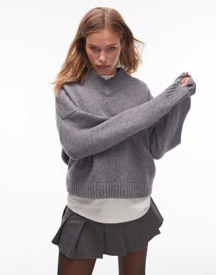 Topshop - Hochwertiger Strickpullover aus 100% Lammwolle in Dunkelgrau mit V-Ausschnitt und lockerem Schnitt