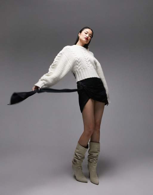 Topshop – Hochwertiger Strickpullover in Cremeweiß mit Zopfmuster und oval geschnittenen Ärmeln, 2 von 4