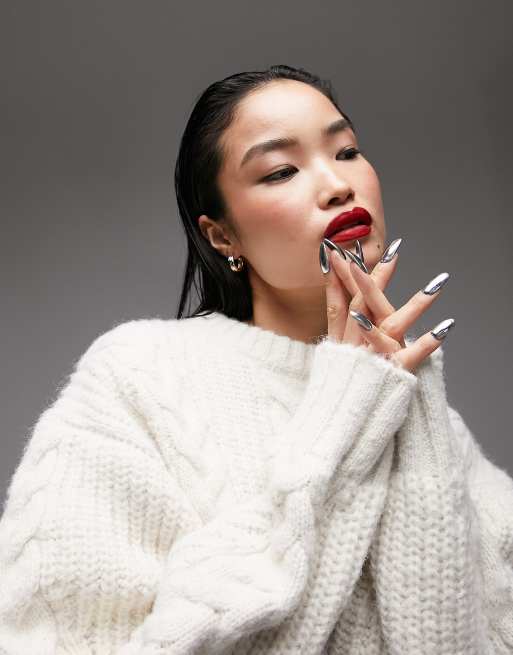 Topshop – Hochwertiger Strickpullover in Cremeweiß mit Zopfmuster und oval geschnittenen Ärmeln, 3 von 4