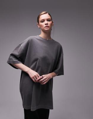 Topshop - Hochwertiges Basic-Oversize-T-Shirt in verwaschenem Schwarz mit Rundhalsausschnitt, Longline-Schnitt und Acid-...