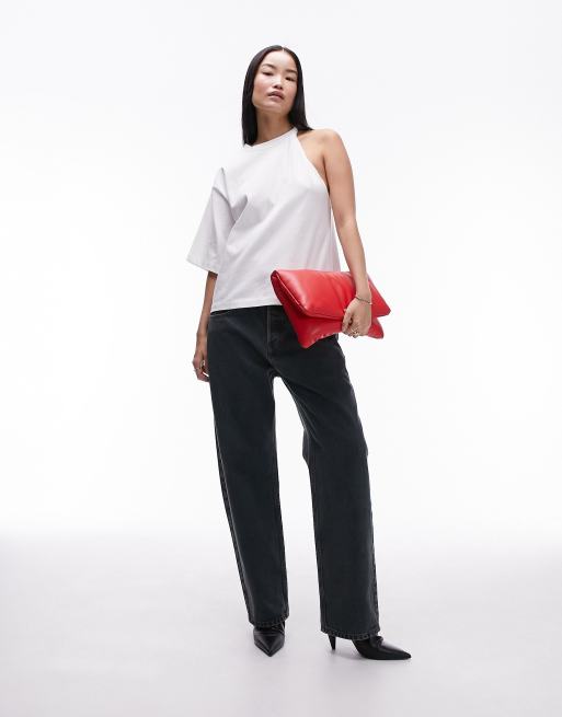 Topshop – Hochwertiges, geripptes Basic-T-Shirt in Weiß mit Oversize-Schnitt und verdrehtem Detail