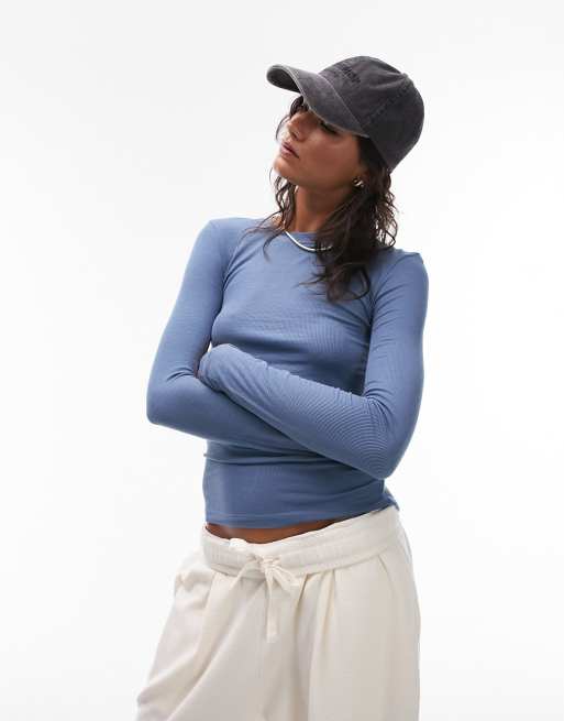 Topshop – Hochwertiges, geripptes, langärmliges Oberteil in Blau
