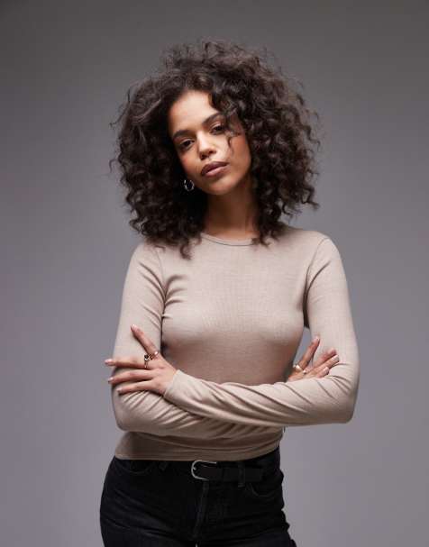 Topshop – Hochwertiges, geripptes, langärmliges Oberteil in Hellbeige meliert - view 1