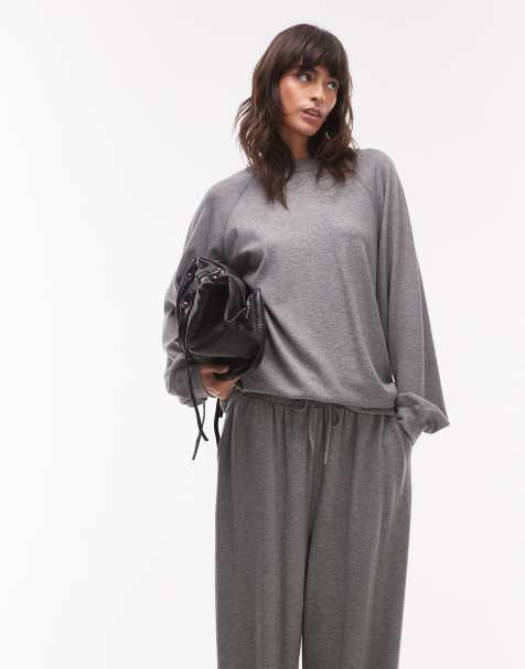 Topshop – Hochwertiges, geripptes Sweatshirt in Grau mit Raglan-Ärmeln - view 1