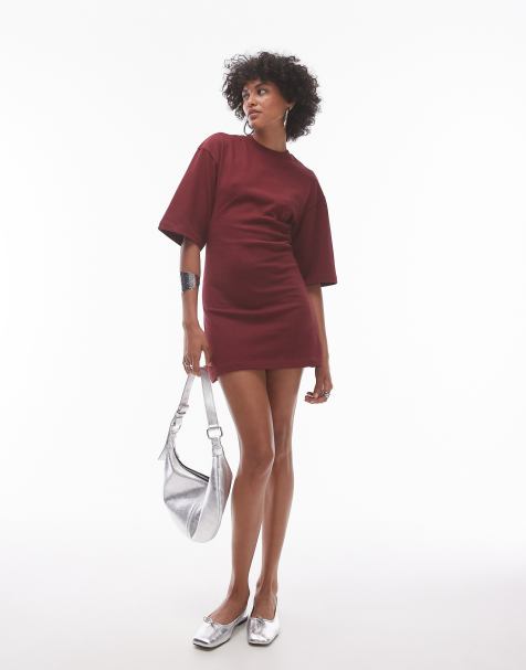 Topshop – Hochwertiges, kurzes T-Shirt-Kleid in Burgunderrot mit Ziernaht - view 1