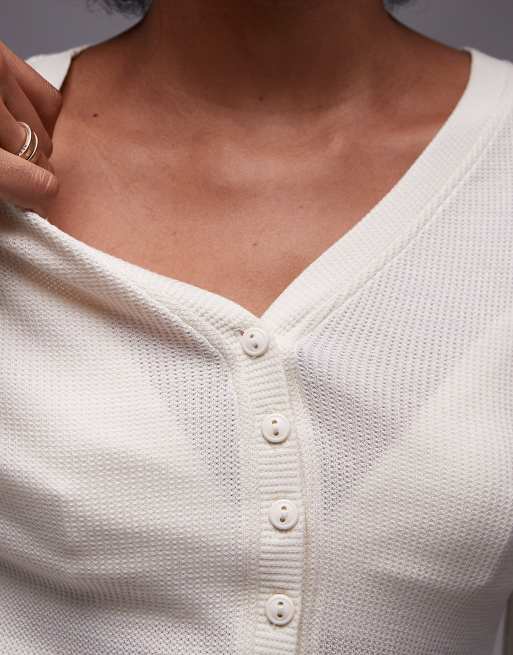 Topshop – Hochwertiges, langärmliges Oberteil in Ecru mit Waffelstruktur, 3 von 4