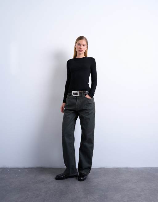 Topshop – Hochwertiges, langärmliges Oberteil in geripptem Schwarz, 2 von 4
