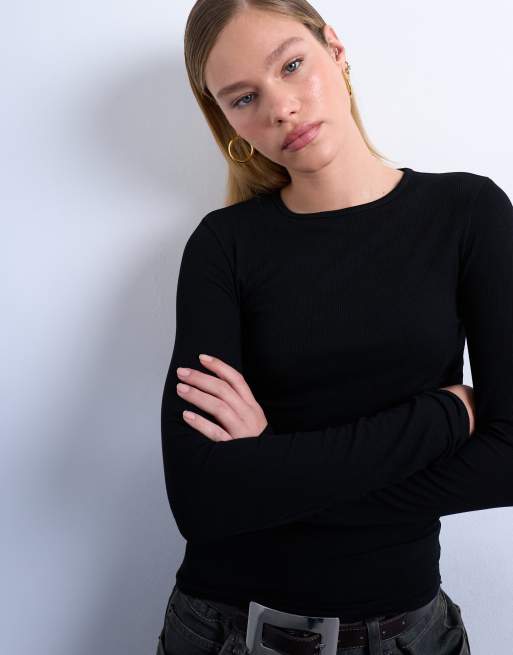Topshop – Hochwertiges, langärmliges Oberteil in geripptem Schwarz, 3 von 4