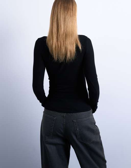 Topshop – Hochwertiges, langärmliges Oberteil in geripptem Schwarz, 4 von 4