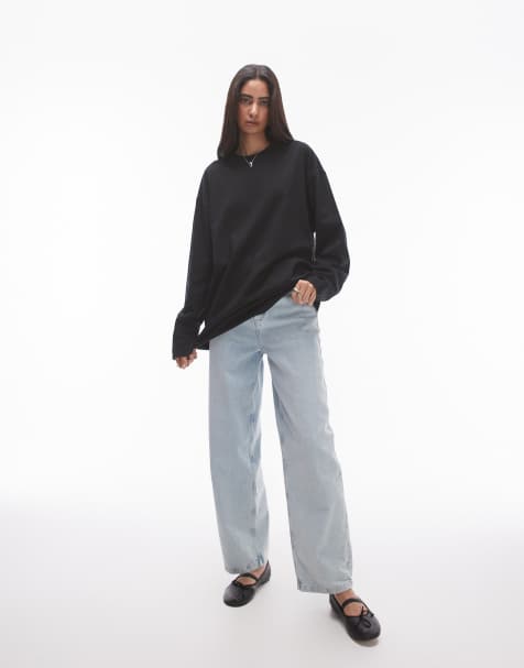 Topshop – Hochwertiges, langärmliges Skater-Shirt in Schwarz mit Ziernaht - view 1