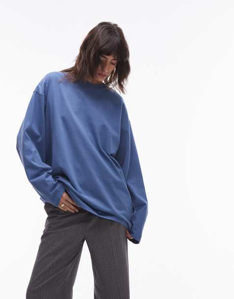 Topshop – Hochwertiges, langärmliges Skater-T-Shirt in Blau mit Ziernaht - view 1