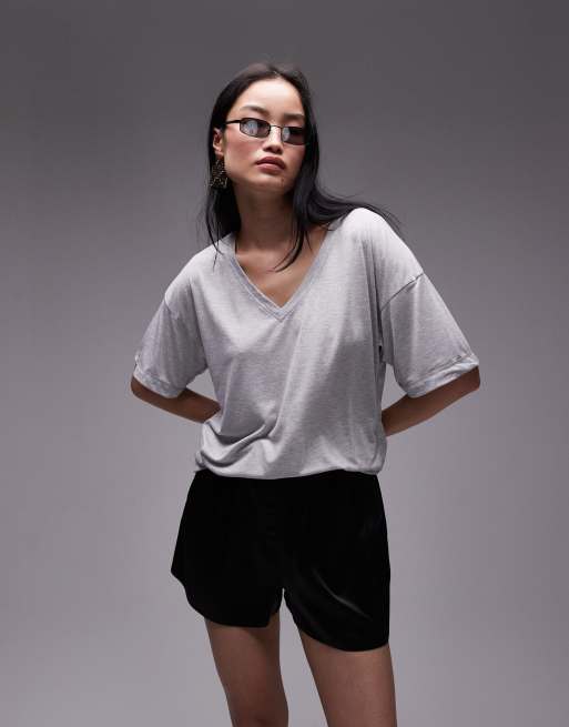 Topshop – Hochwertiges, lockeres T-Shirt in meliertem Grau mit V-Ausschnitt