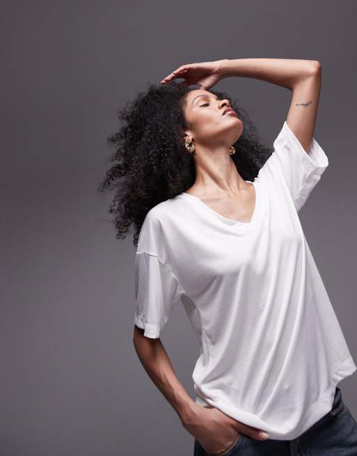 Topshop – Hochwertiges, lockeres T-Shirt in Weiß mit V-Ausschnitt