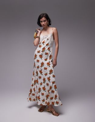 Topshop - Hochwertiges Maxi-Trägerkleid in Weiß mit Spitzenbesatz und orangefarbenem Blumenmuster