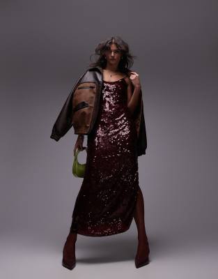 Thumbnail - Topshop - Hochwertiges Maxi-Trägerkleid mit Paillettenbesatz in Ochsenblut-Rot