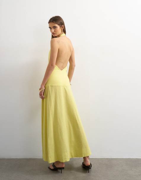 Topshop – Hochwertiges Maxi-Wickelkleid in gedämpftem Limettengrün mit hohem Leinenanteil und Neckholder - view 1
