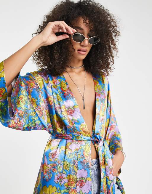 Topshop – Hochwertiges Midi-Kimonokleid in Blau mit Blumenmuster  , 4 von 4