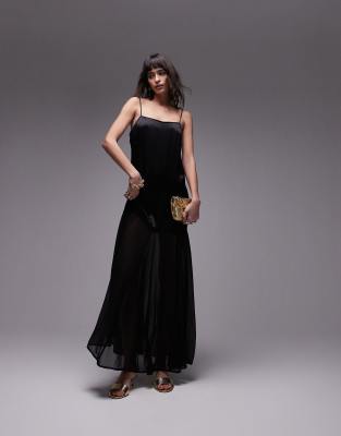 Topshop - Hochwertiges Midi-Trägerkleid aus Satin-Stoffmix in Schwarz