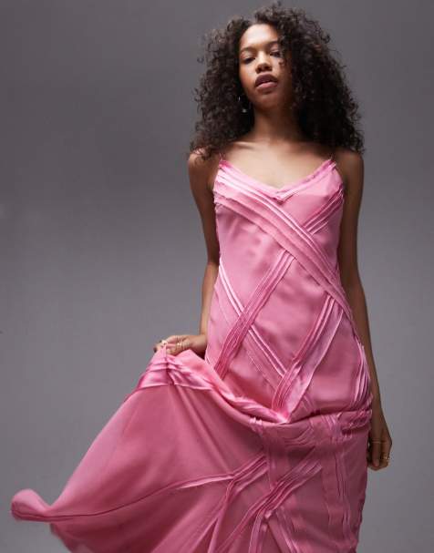 Topshop – Hochwertiges Midi-Trägerkleid in lieblichem Rosa mit unversäubertem Ziernähten - view 1