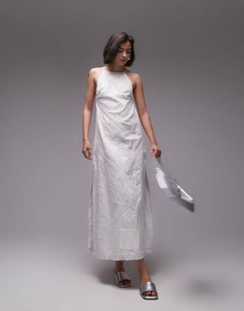 Topshop – Hochwertiges Neckholder-Midikleid aus Spitze in Elfenbein mit Lochstickerei - view 1