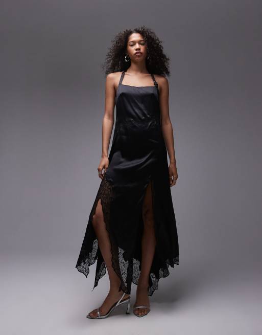 Topshop – Hochwertiges Neckholder-Midikleid in Schwarz mit Spitzeneinsatz und Schnalle
