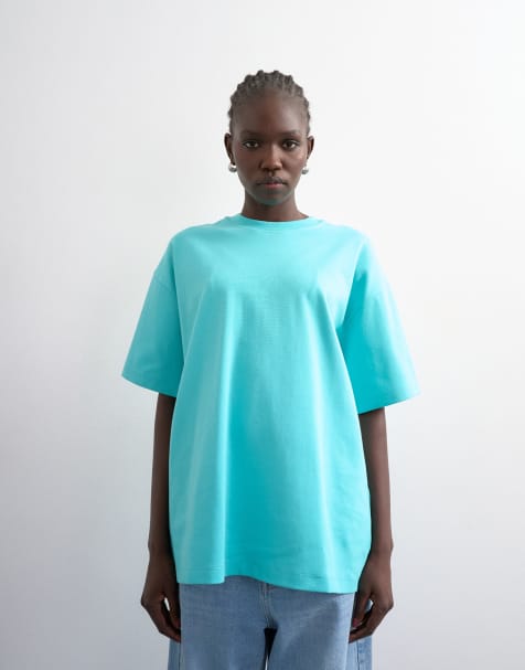 Topshop – Hochwertiges Oversize-T-Shirt aus Interlock-Jersey in Hellblau - view 1