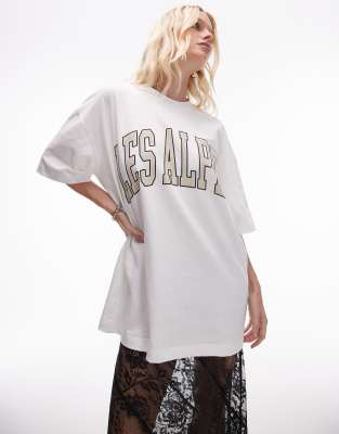 Topshop - Hochwertiges Oversize-T-Shirt in Weiß mit „Les Alpes"-Print