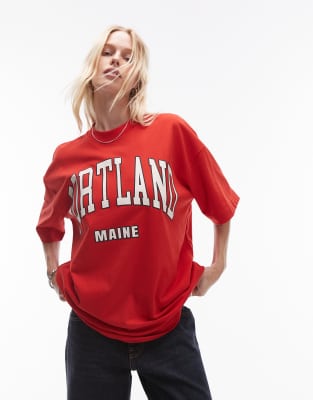 Topshop - Hochwertiges Super-Oversize-T-Shirt in Rot mit „Portland"-Grafik-Grün