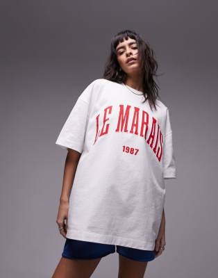 Topshop - Hochwertiges Super-Oversize-T-Shirt in Weiß mit „Le Marais 1987"-Grafikprint