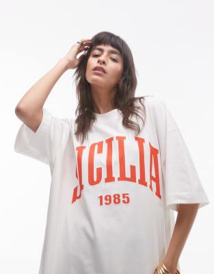 Topshop - Hochwertiges Super-Oversize-T-Shirt in Weiß mit „Sicilia"-Grafikprint