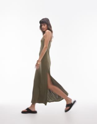 Topshop - Hochwertiges, superweiches Midi-Trägerkleid in Khaki mit eckigem Ausschnitt-Grün