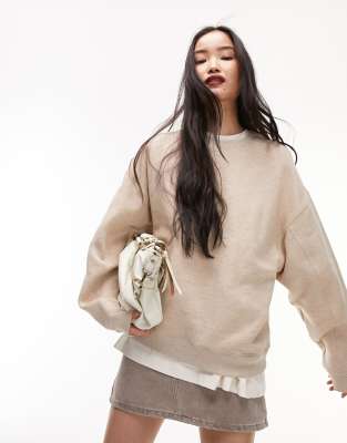 Topshop - Hochwertiges Sweatshirt in Haferbeige meliert mit Nahtdetail-Neutral