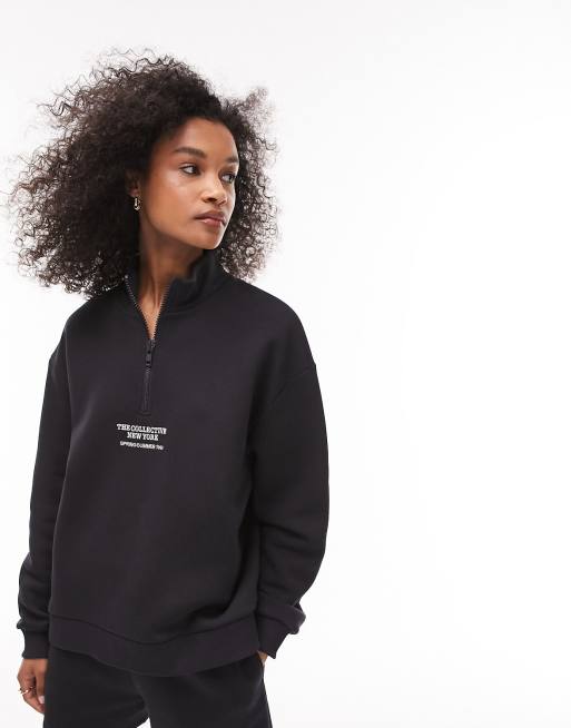 Topshop – Hochwertiges Sweatshirt in Marineblau mit Grafikprint und kurzem Reißverschluss, Kombiteil