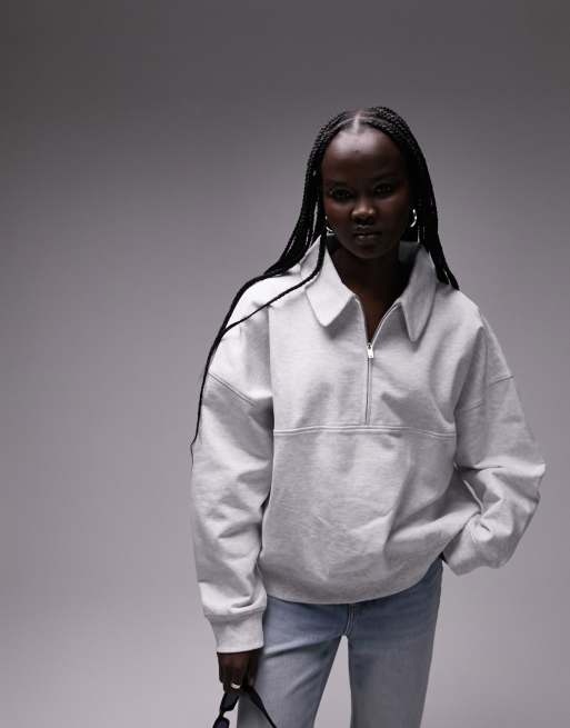 Topshop – Hochwertiges Sweatshirt in meliertem Grau mit Kragen und kurzem Reißverschluss
