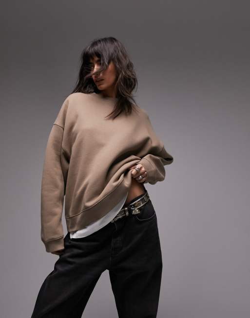 Topshop – Hochwertiges Sweatshirt in Taupe mit Ziernaht