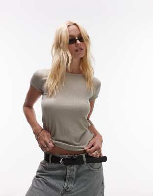 Topshop - Hochwertiges T-Shirt in geripptem Khaki-Grün