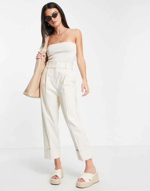 Topshop – Hochwertiges, trägerloses Basic-Oberteil in Ecru mit Rippenmuster, 3 von 4
