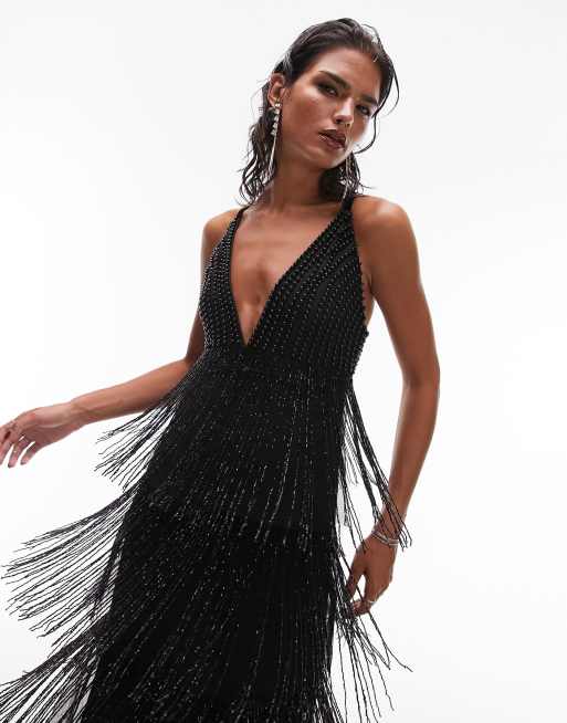 Topshop – Hochwertiges, verziertes Midi-Riemchenkleid in Schwarz mit Fransen- und Perlenverzierung