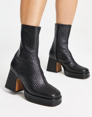 Topshop Hollis premium leather platform ankle boot in black croc - ASOS Price Checker