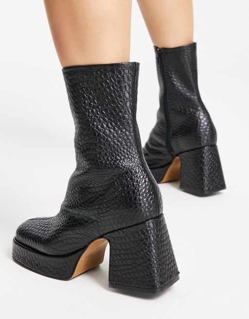 Topshop Hollis premium leather platform ankle boot in black croc