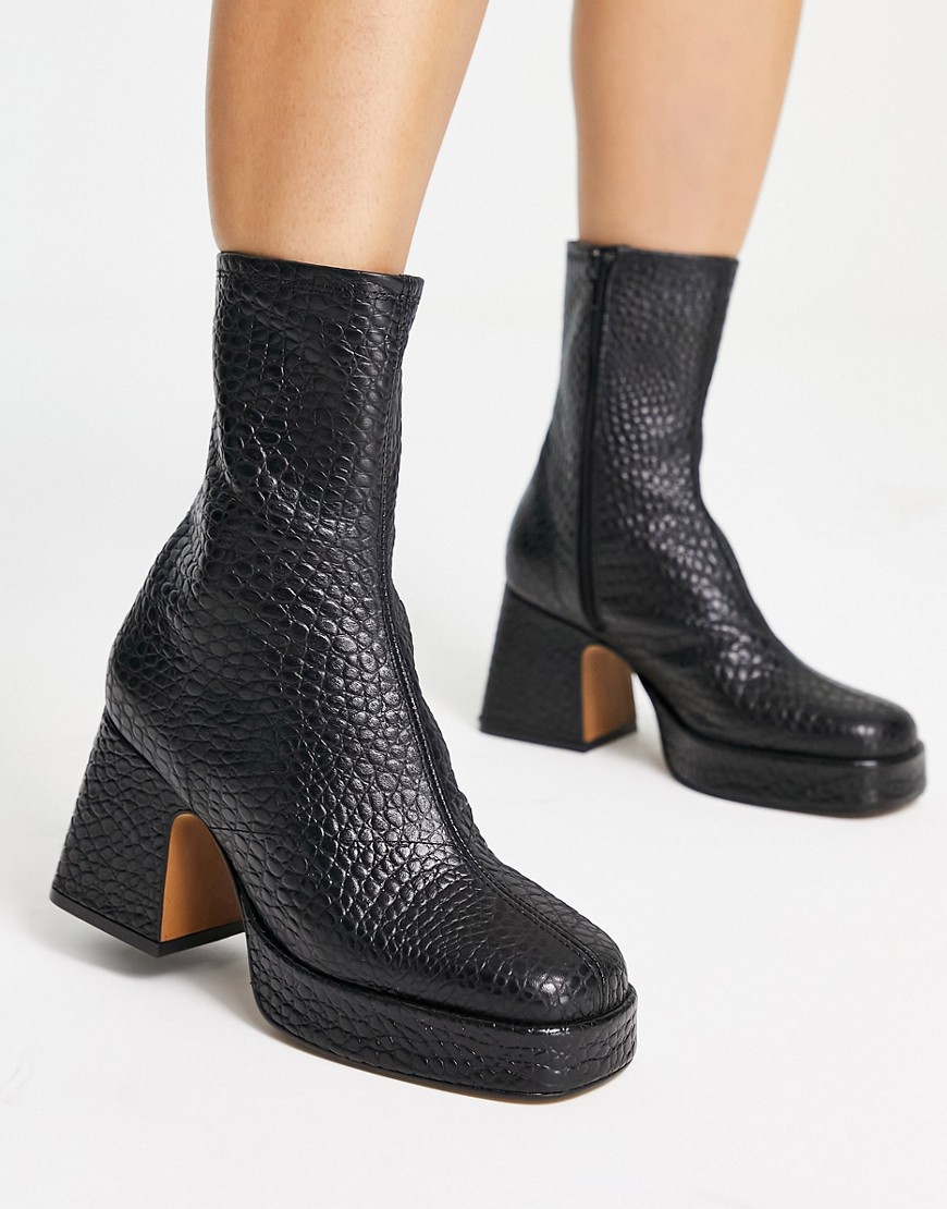 Topshop Hollis Premium Leather Platform Ankle Boots In Black Croc