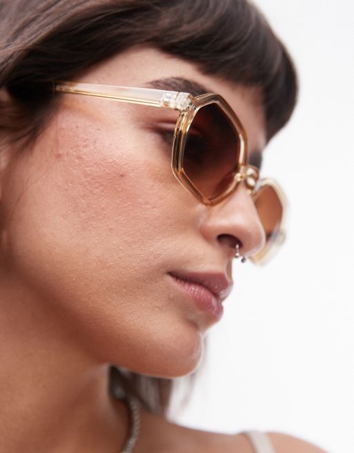 Topshop – Holly – Brązowe sześciokątne okulary przeciwsłoneczne