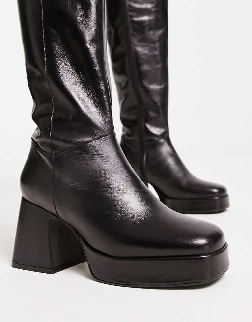 Topshop – Holly – Czarne skórzane botki do kolan na platformie, 3 z 4