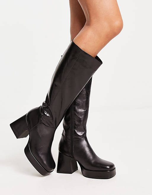 Topshop Holly premium leather platform knee high boot in black | ASOS