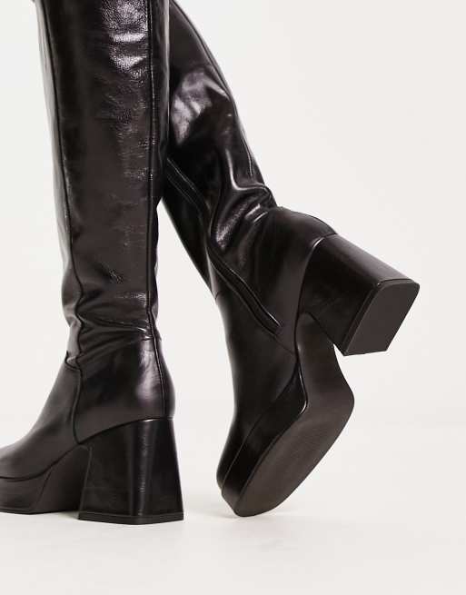 Topshop Holly premium leather platform knee high boot in black