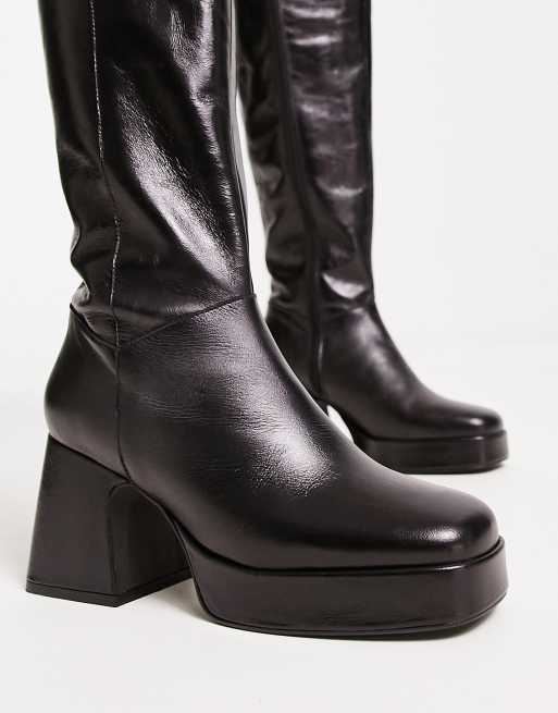 Topshop Holly premium leather platform knee high boot in black